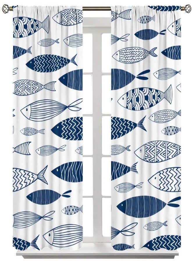 YCness Abstract Nautical Fish Curtains Rod Pocket Geometric Figure Window Treatments for Kitchen Living Room Vintage Watercolor Blue Cartoon Fish Window Drapes,2 Panels 42x45 Inch - Image 3